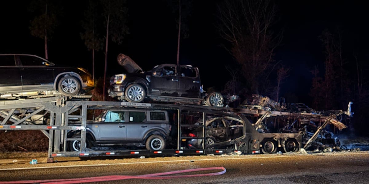 18-wheeler hauling multiple vehicles catches fire in Rankin County